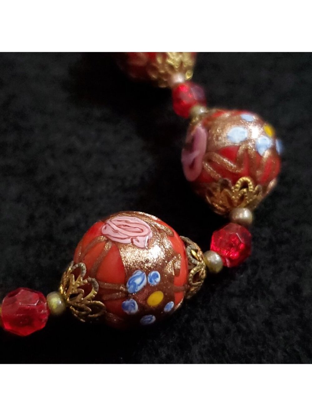Vintage Estate Wedding Cake Necklace Red Gold Beaded Lampwork 17"
